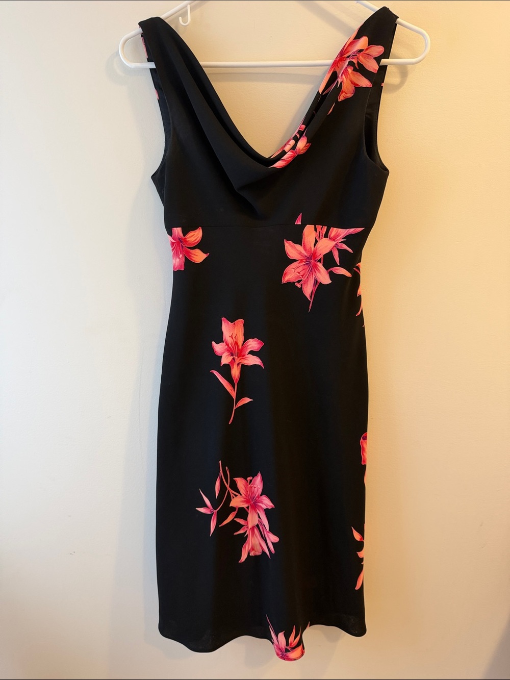 Jones New York Black Midi Dress with Pink Floral Accents and Cowl Neck